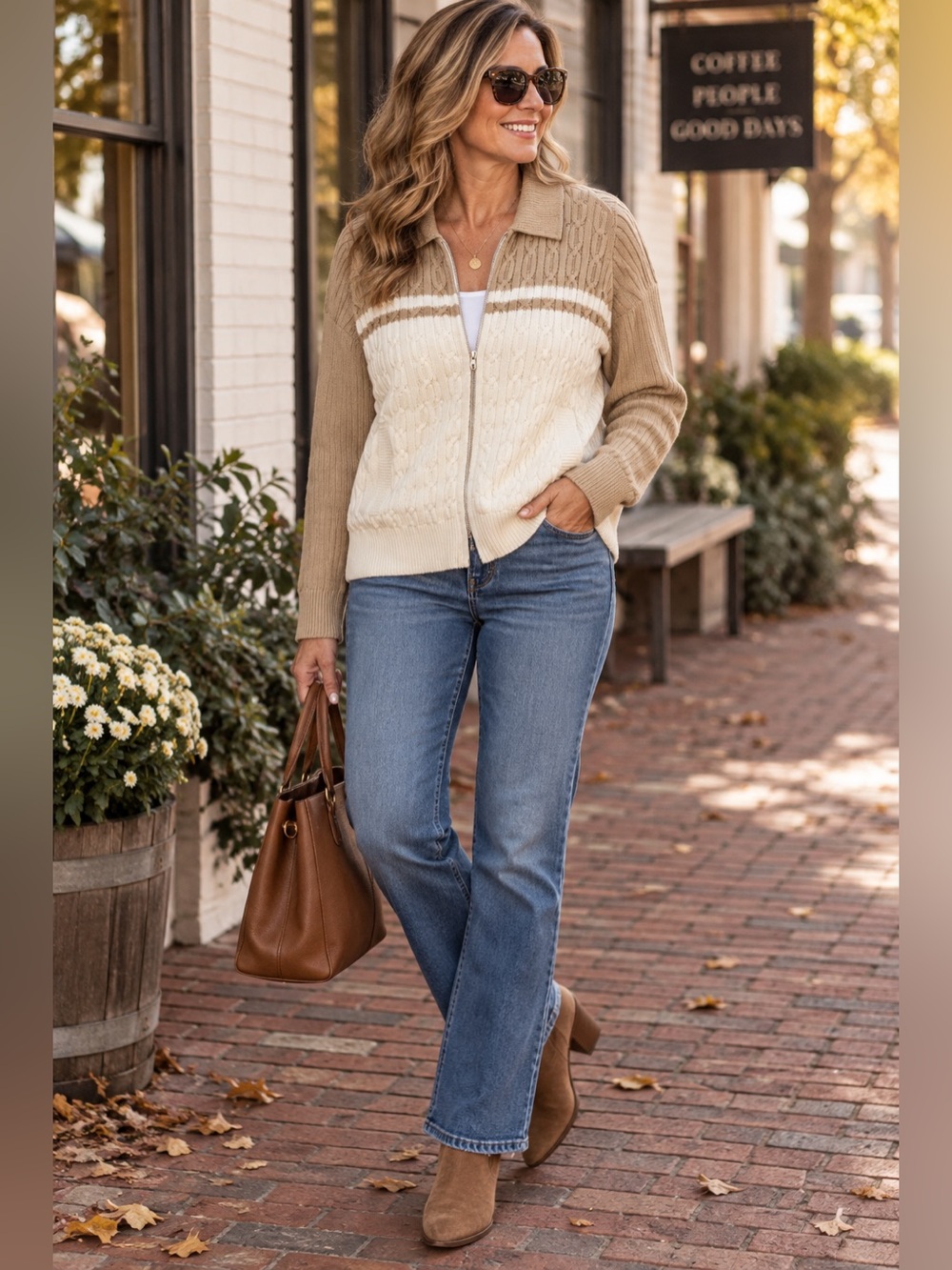 Tommy Hilfiger Cable Knit Zippered Sweater Khaki White XXL